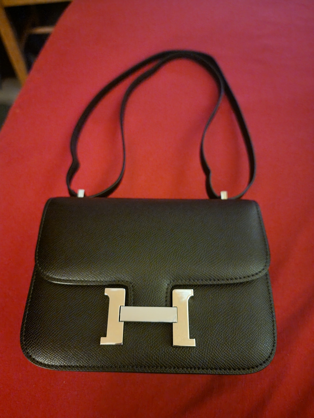 Black Leather Shoulder Bag with Golden H Accent